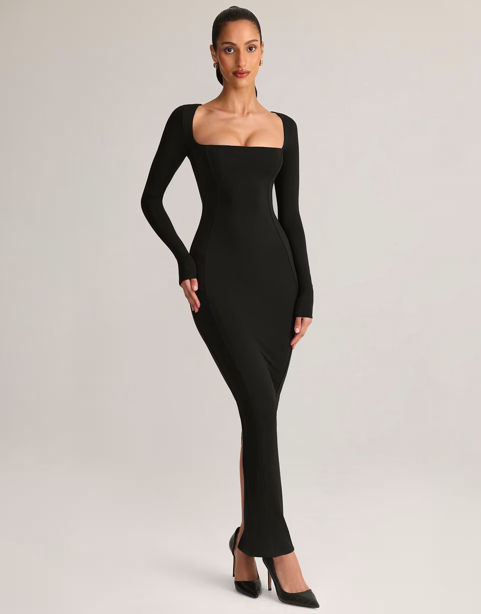 ASOS Oh Polly Lux modal square neck long sleeve maxi dress in black - 1