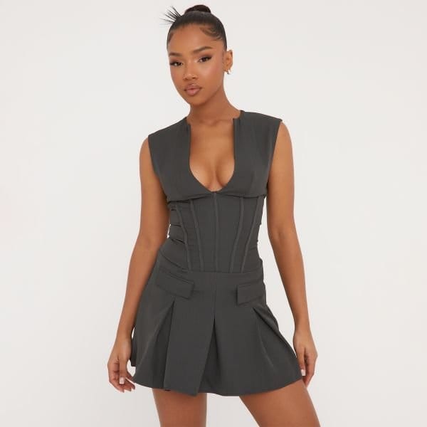EGO Plunge Neck Tailored Pleated Mini Dress In Grey, Women's Size UK Small S - 1