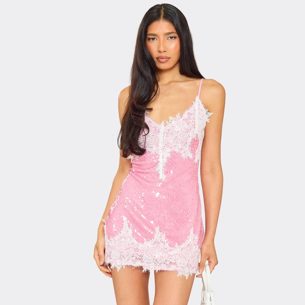 EGO Strappy Plunge Neck Lace Trim Mini Dress In Pink Sequin, Women's Size UK 6