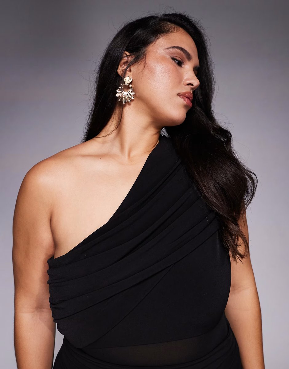 ASOS Forever New Curve Harley one shoulder mesh waist panel sheer skirt maxi dress in black - 3