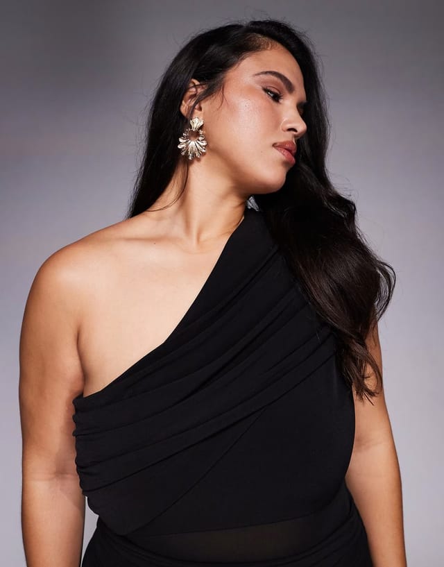 ASOS Forever New Curve Harley one shoulder mesh waist panel sheer skirt maxi dress in black - 3