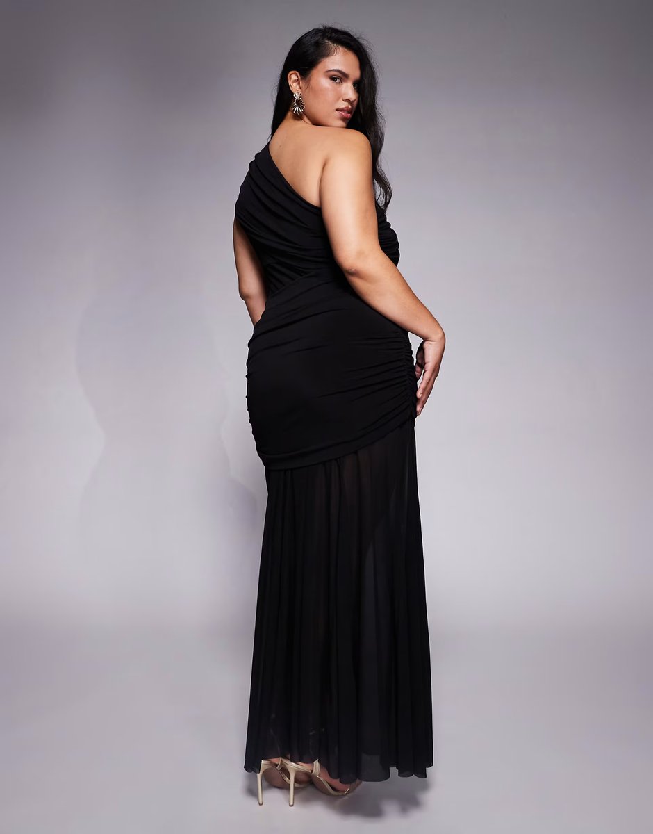 ASOS Forever New Curve Harley one shoulder mesh waist panel sheer skirt maxi dress in black - 4