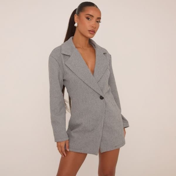 EGO Long Sleeve Wool Look Asymmetric Blazer Playsuit In Grey, Women's Size UK 6