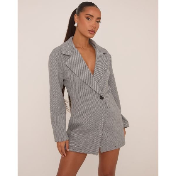 EGO Long Sleeve Wool Look Asymmetric Blazer Playsuit In Grey, Women's Size UK 6 - 2