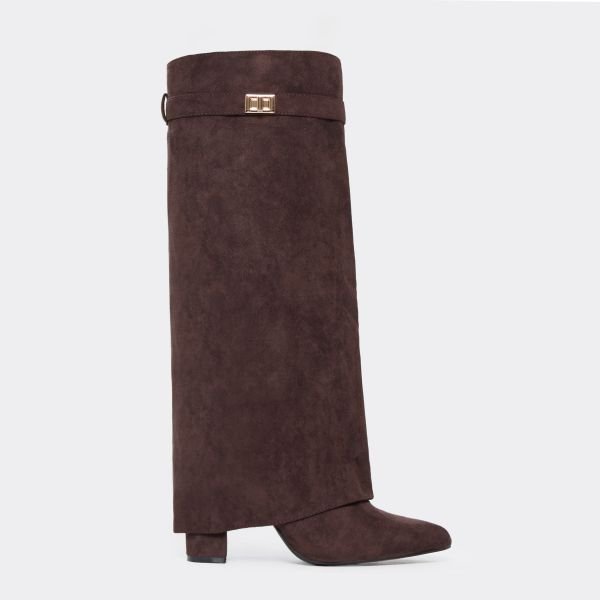 EGO Magic Layered Lock Detail Pointed Toe Block Heel Knee High Boot In Brown Faux Suede, Women's Size UK 3 - 1