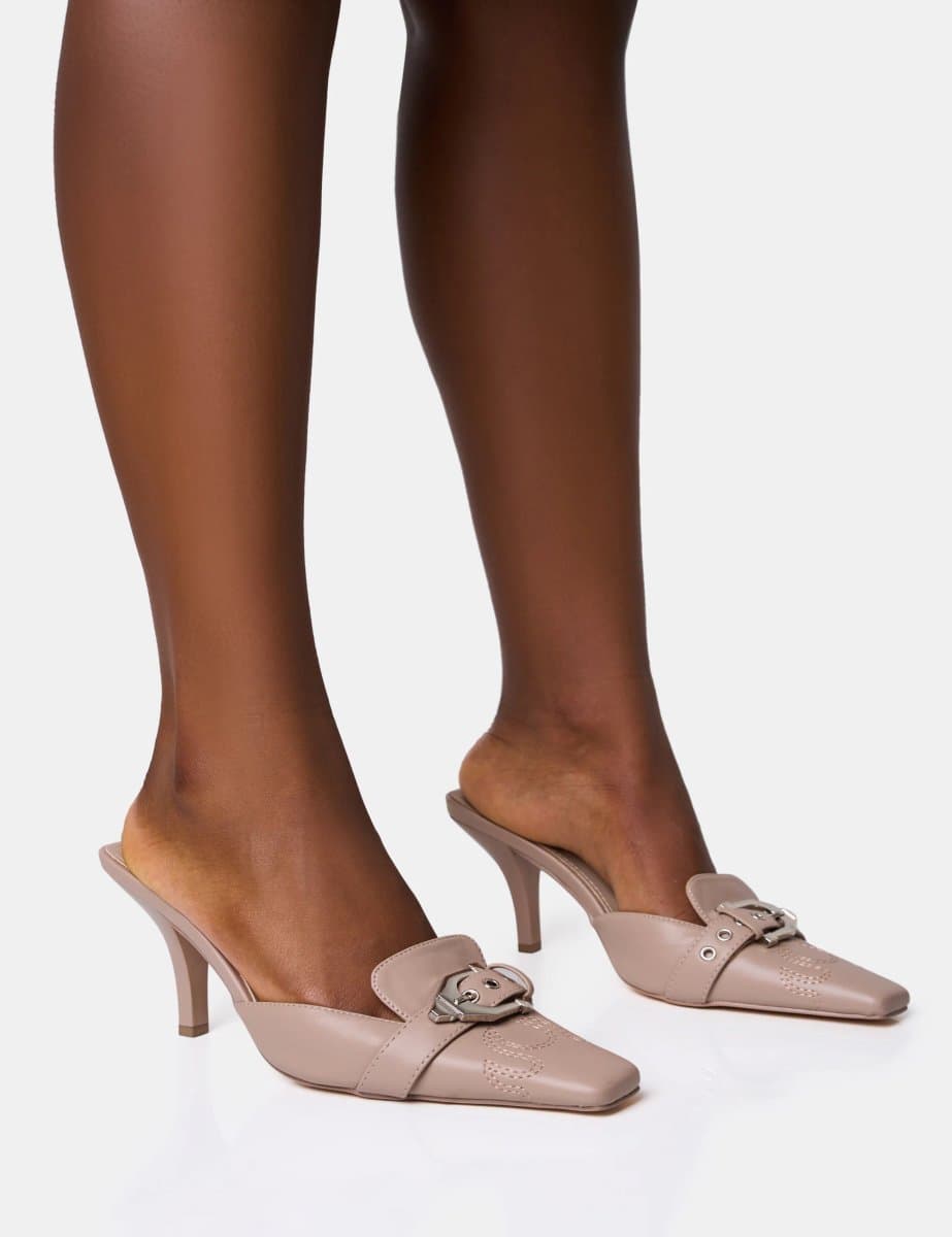 Public Desire Macchiato Taupe Western Buckle Detail Mid Heel Mules