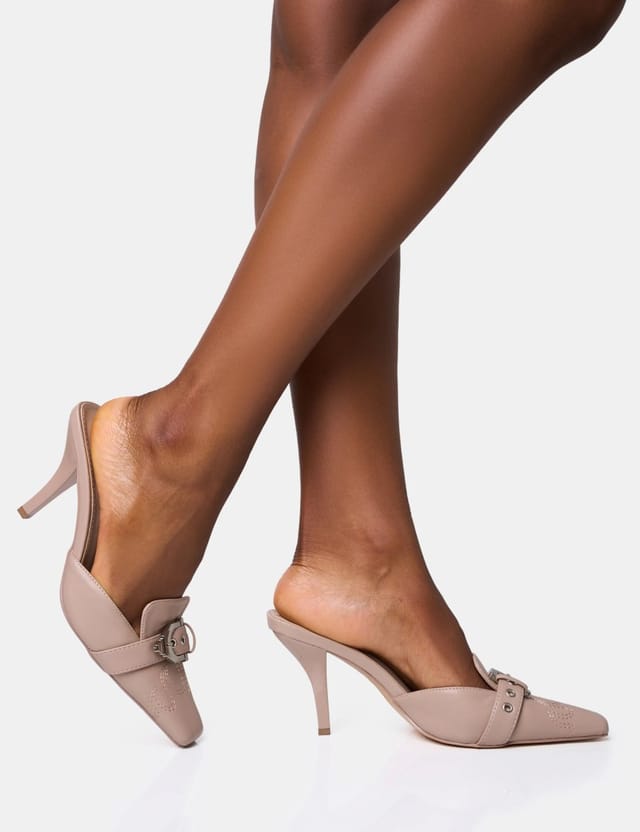 Public Desire Macchiato Taupe Western Buckle Detail Mid Heel Mules - 2