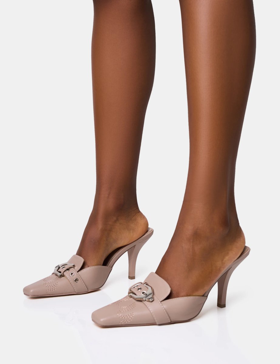 Public Desire Macchiato Taupe Western Buckle Detail Mid Heel Mules - 3