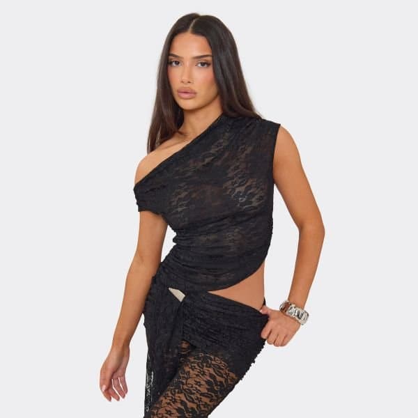 EGO One Shoulder Asymmetric Top In Black Lace, Women's Size UK 6