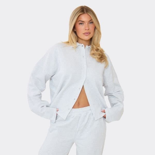 EGO EGO Long Sleeve Collar Detail Shirt in Light Grey Marl