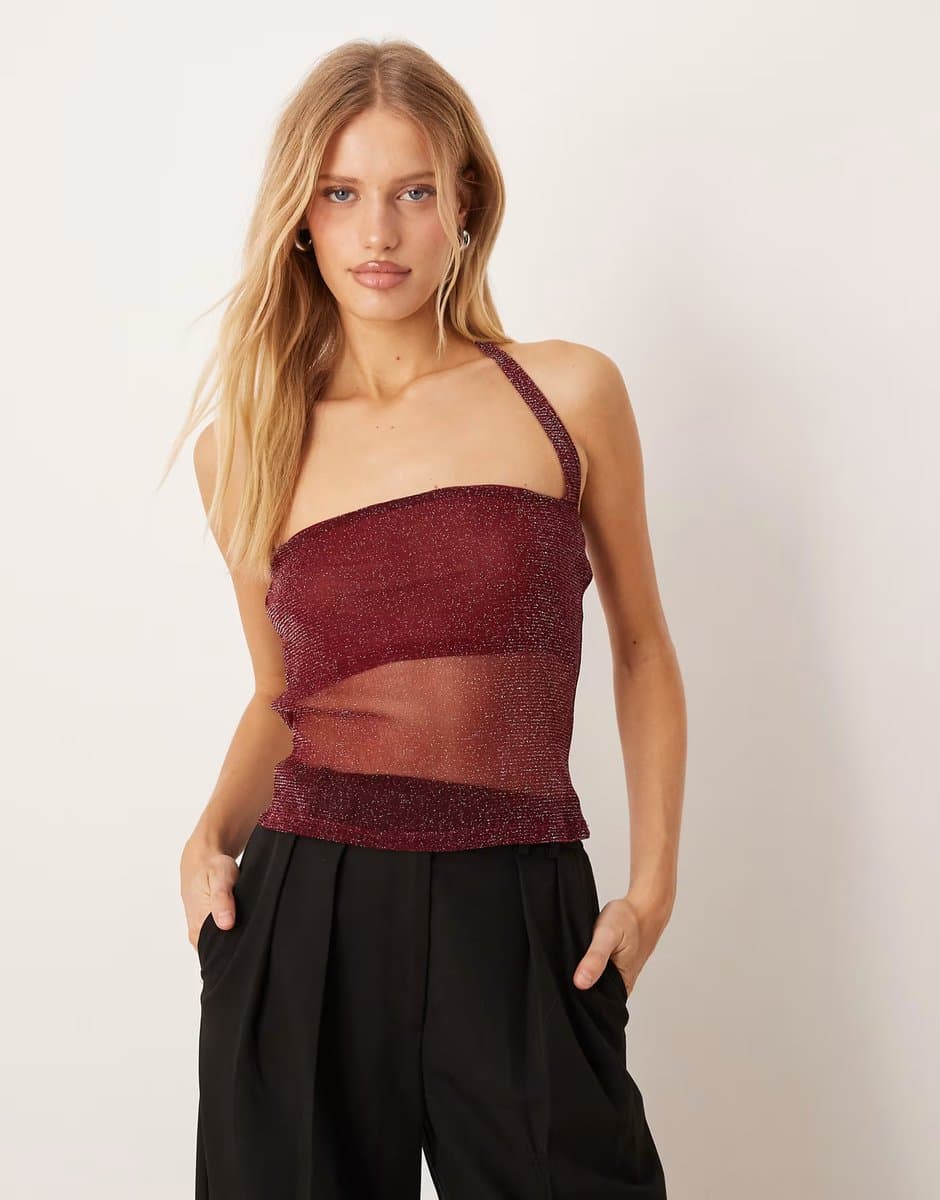 ASOS ASOS DESIGN glitter mesh halter top in burgundy