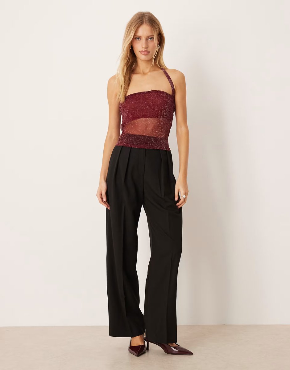 ASOS ASOS DESIGN glitter mesh halter top in burgundy - 2