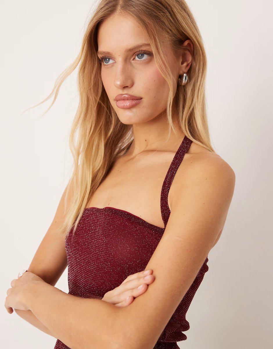 ASOS ASOS DESIGN glitter mesh halter top in burgundy - 3