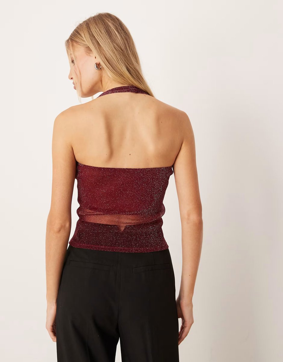 ASOS ASOS DESIGN glitter mesh halter top in burgundy - 4
