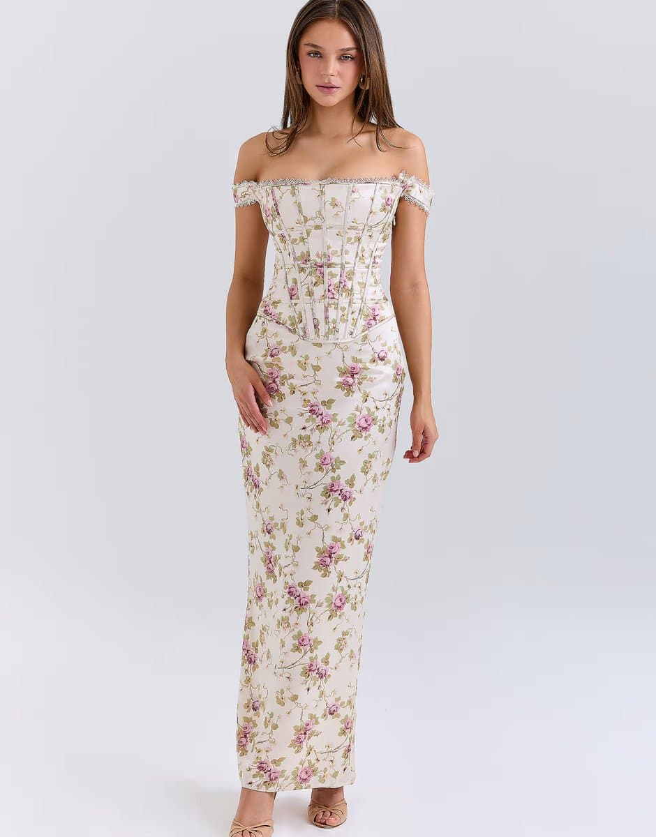 ASOS House of CB Isis vintage cream floral print corset maxi dress in vintage cream
