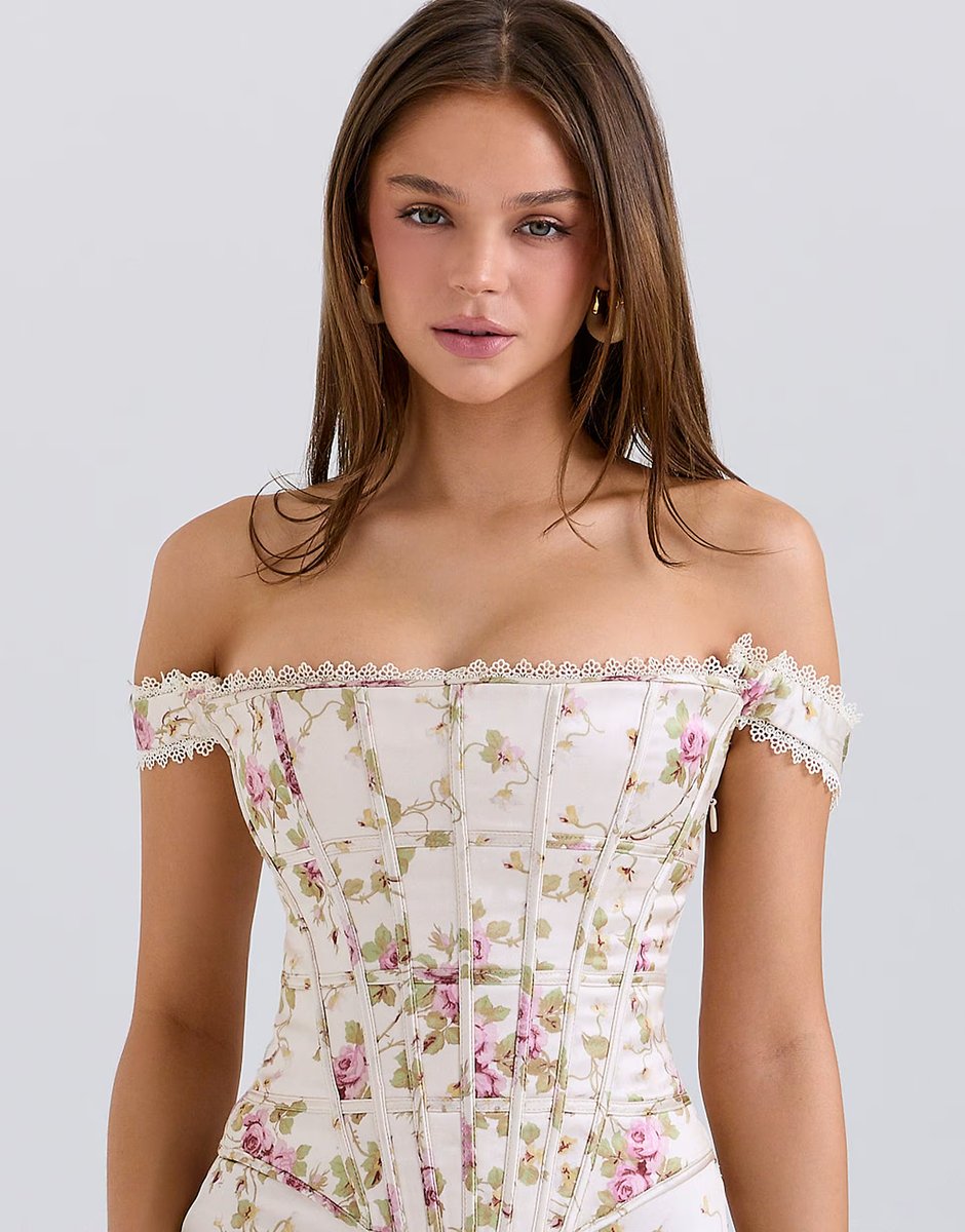 ASOS House of CB Isis vintage cream floral print corset maxi dress in vintage cream - 2