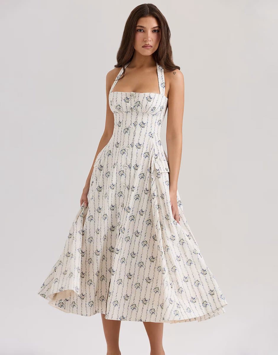 ASOS House of CB Claudia stretch cotton halter neck midi dress in cream daisy print