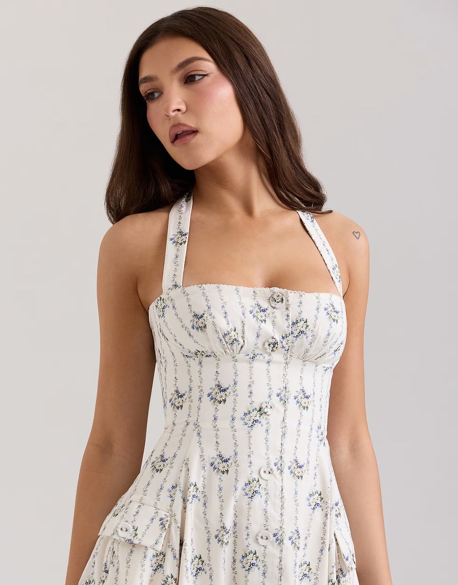 ASOS House of CB Claudia stretch cotton halter neck midi dress in cream daisy print - 2