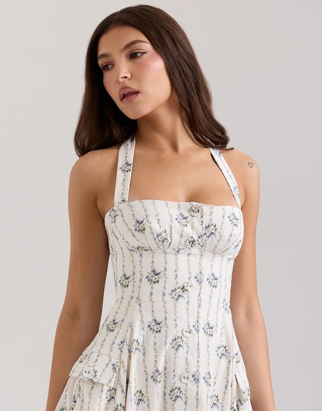 ASOS House of CB Claudia stretch cotton halter neck midi dress in cream daisy print - 2