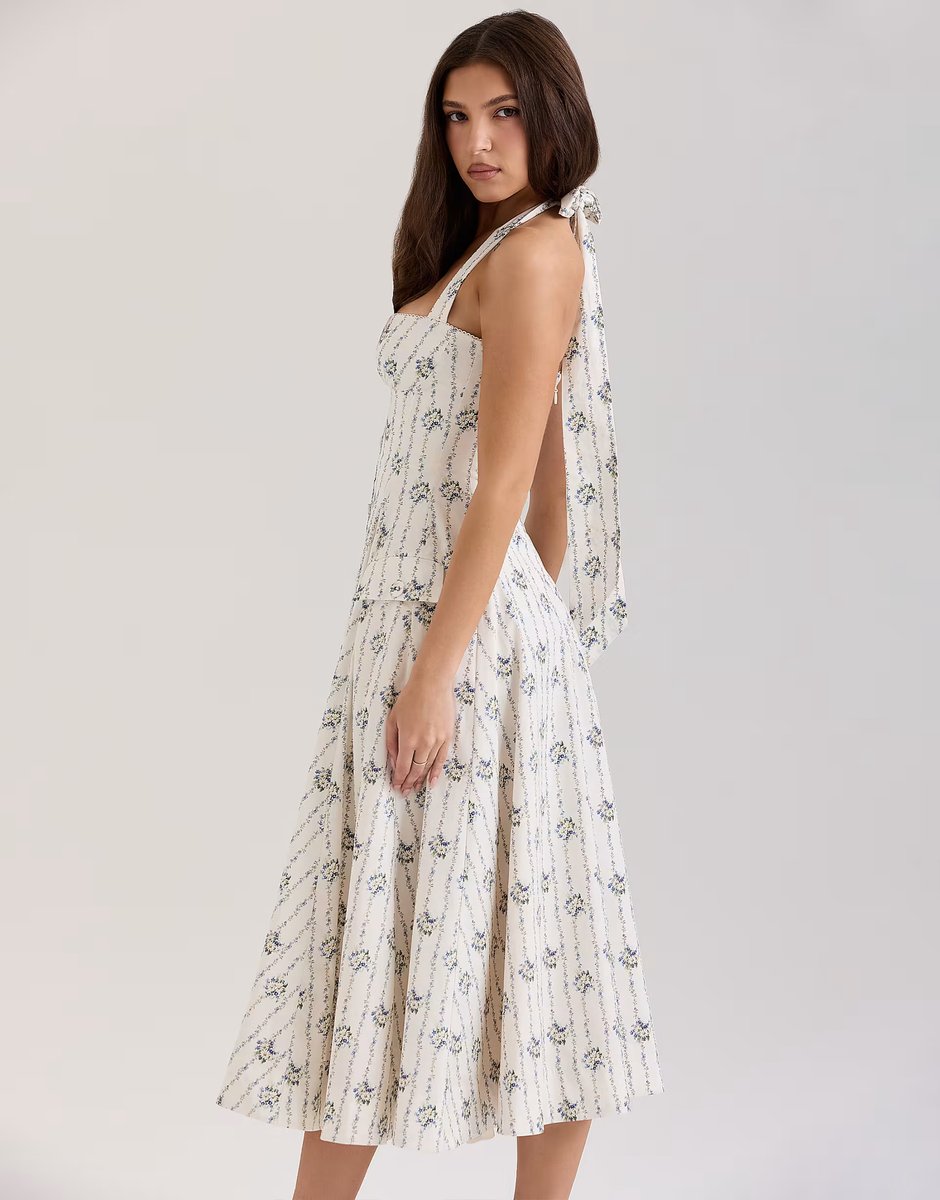 ASOS House of CB Claudia stretch cotton halter neck midi dress in cream daisy print - 3