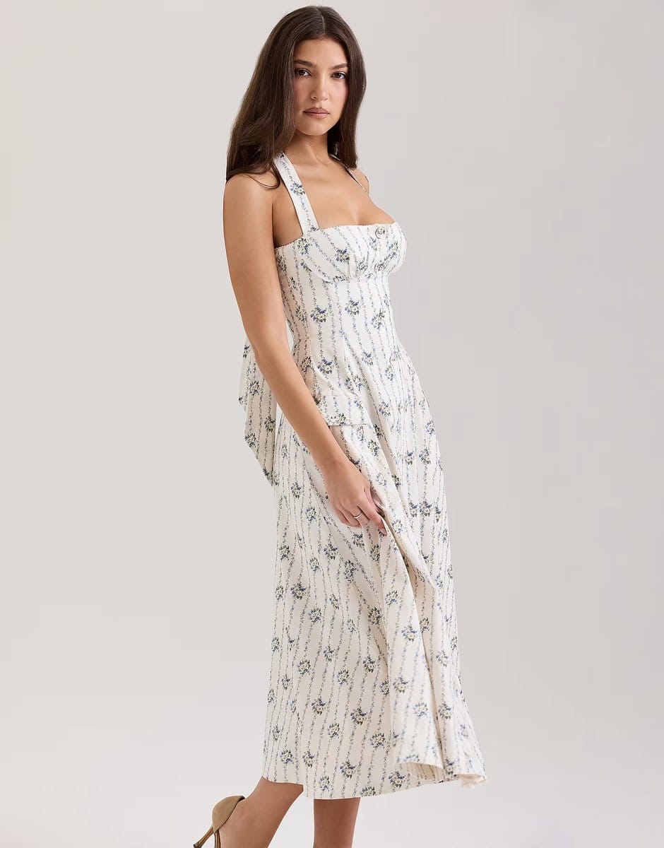 ASOS House of CB Claudia stretch cotton halter neck midi dress in cream daisy print - 4