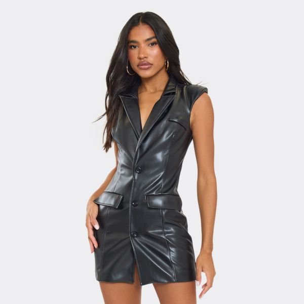 EGO Plunge Neck Shoulder Pad Detail Blazer Dress In Black Faux Leather, Women's Size UK 6 - 1