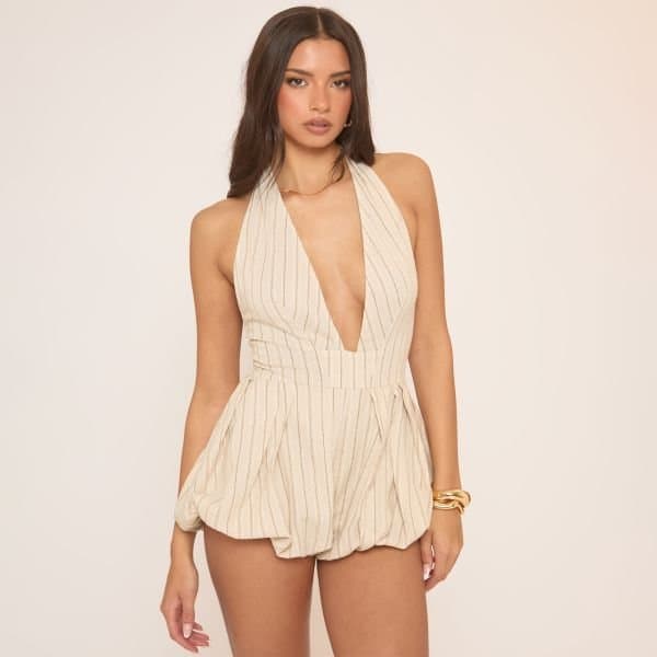 EGO Plunge Halterneck Puffball Playsuit In Stone Striped Linen, Women's Size UK 8