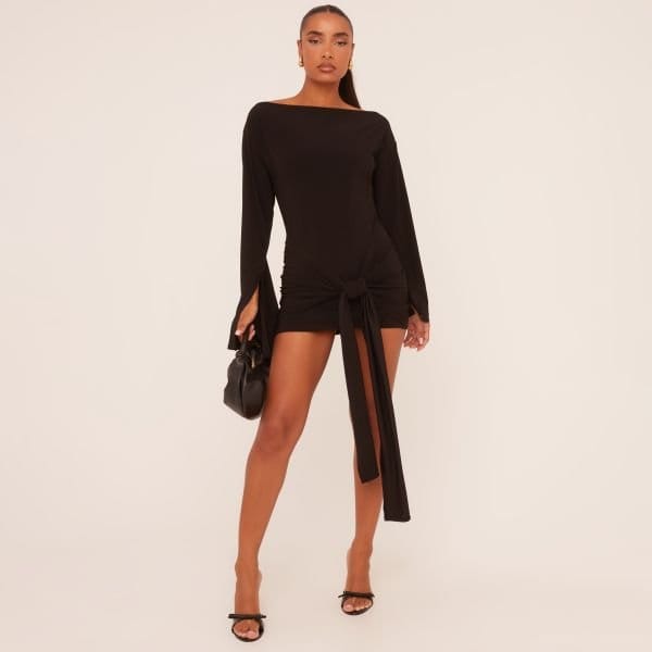 EGO Long Flared Sleeve Drape Detail Mini Bodycon Dress In Black Slinky, Women's Size UK 4 - 1
