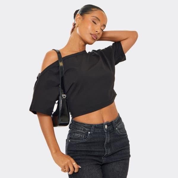 EGO EGO Slash Neck Ruched Off Shoulder Top in Black