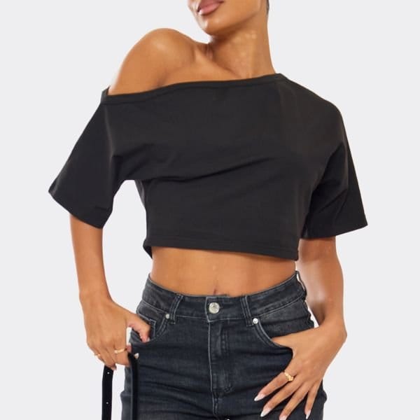 EGO Short Sleeve Slash Neck Off The Shoulder Ruched Top In Black, Women's Size UK 4 - 2