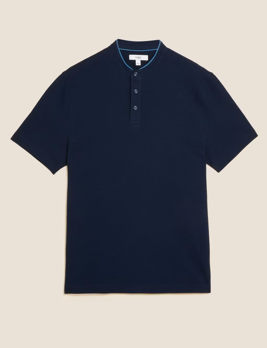 Marks & Spencer M&S Cotton Rich Grandad Collar Polo Shirt Dark Navy - 2