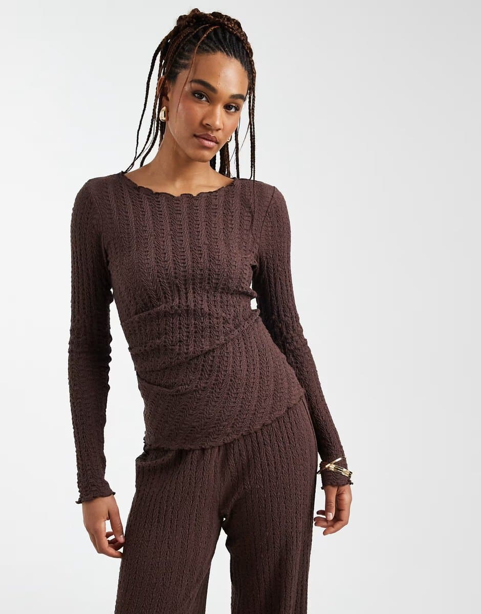 ASOS ONLY Tall long sleeve top co-ord with ruche detail in chocolate 