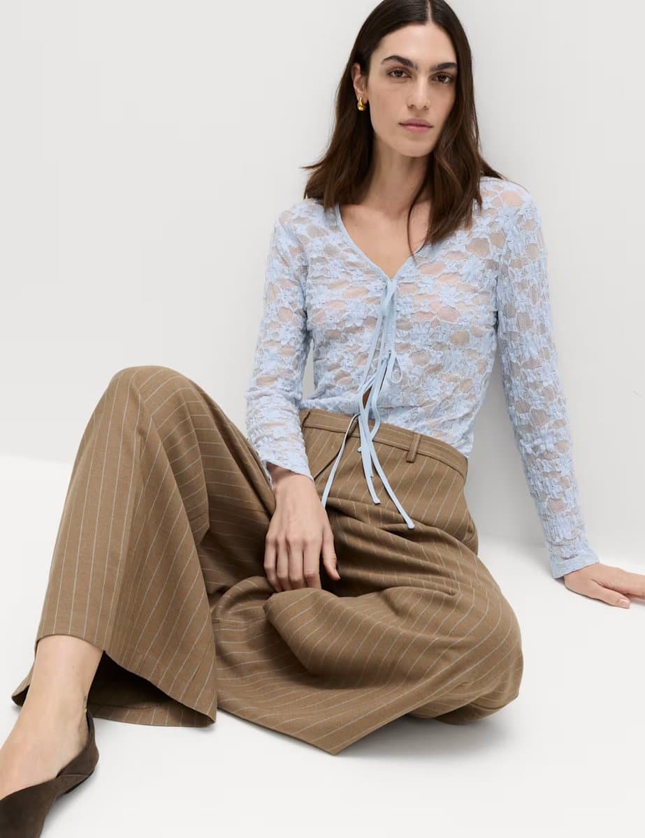 Marks & Spencer M&S Cotton Blend Floral Lace Tie Front Top Faded Blue