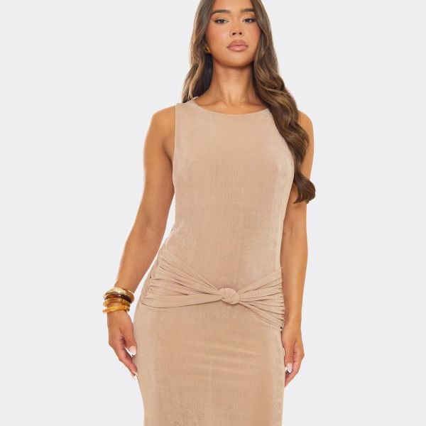 EGO Sleeveless Ruched Knot Front Detail Maxi Dress In Stone, Women's Size UK Large L - 2