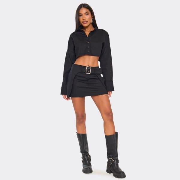 EGO Mid Waist Belt Detail Mini Skirt In Black, Women's Size UK 6