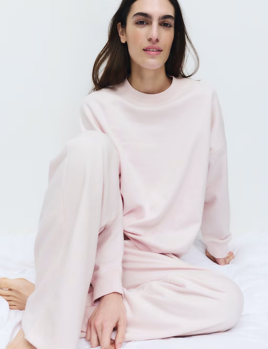 Marks & Spencer M&S Cotton Rich Brushback Wide Leg Lounge Joggers Sorbet - 4