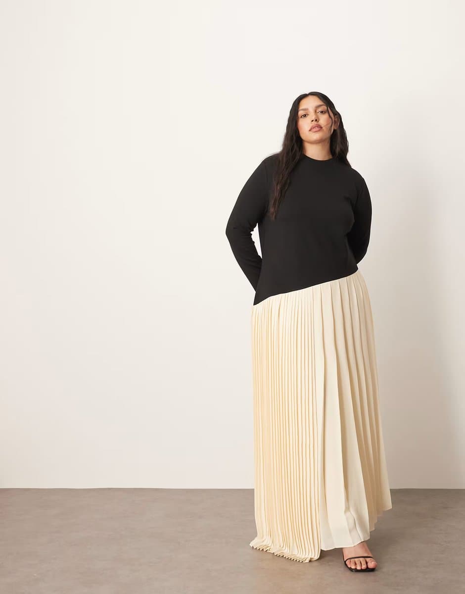 ASOS ARRANGE Curve contrast fabric sculpted maxi dress with pleat skirt in black