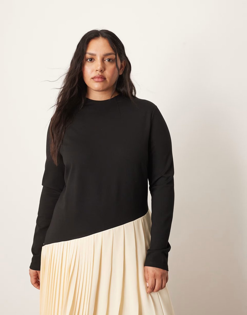 ASOS ARRANGE Curve contrast fabric sculpted maxi dress with pleat skirt in black - 2