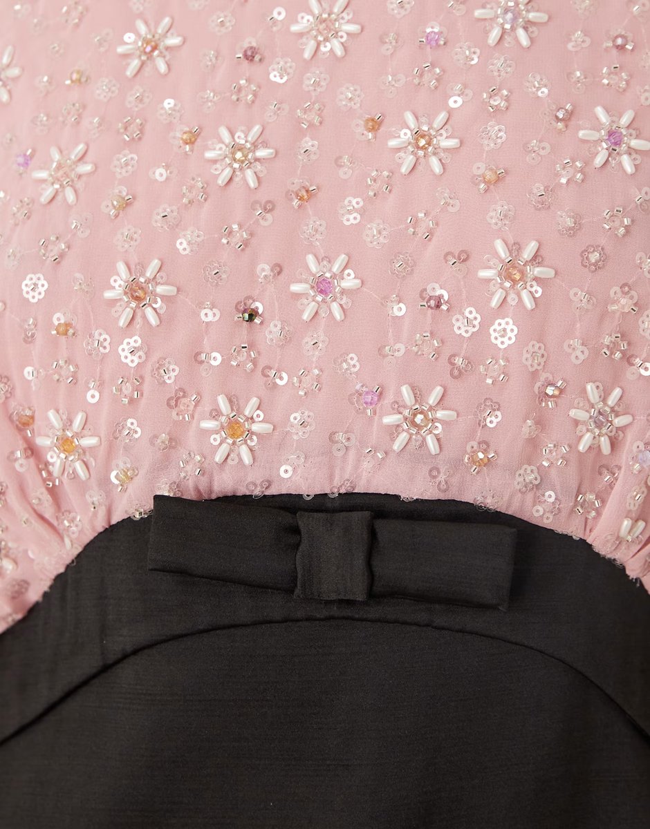 ASOS Dream Sister Jane Pink Parade embellished puff sleeve bow detail mini dress in pink and black - 3