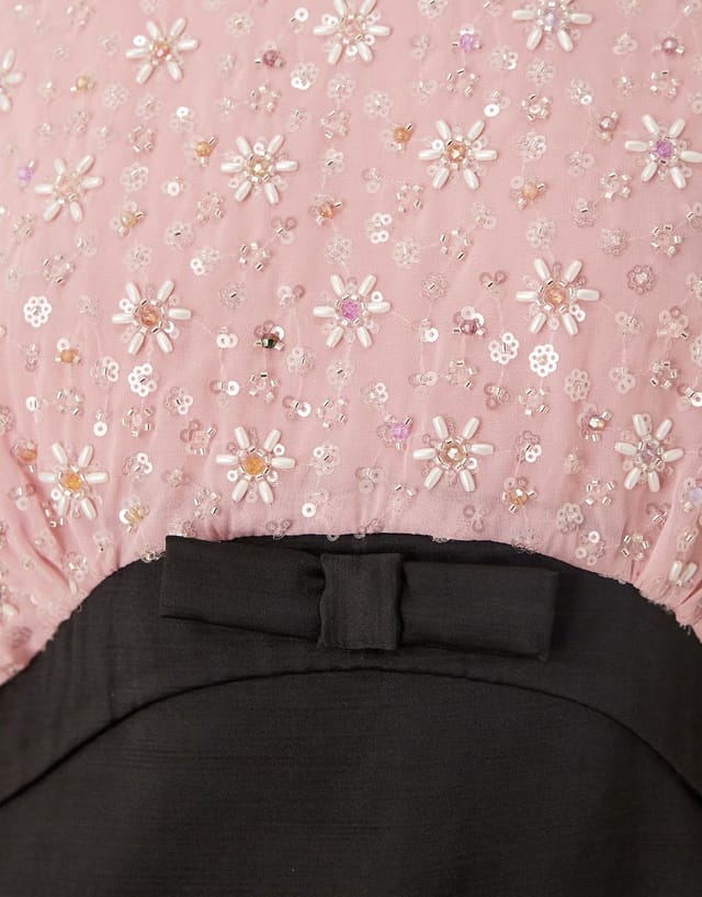 ASOS Dream Sister Jane Pink Parade embellished puff sleeve bow detail mini dress in pink and black - 3