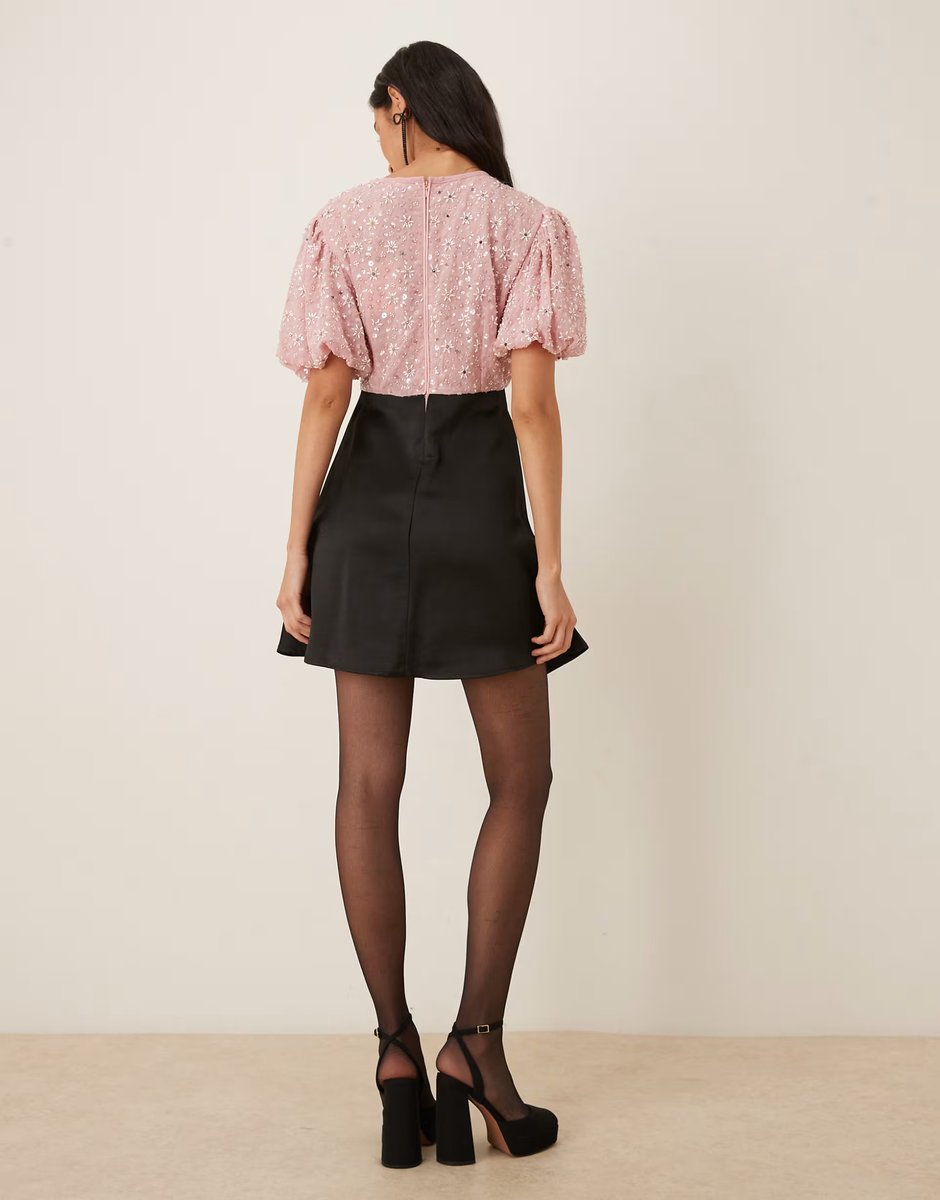 ASOS Dream Sister Jane Pink Parade embellished puff sleeve bow detail mini dress in pink and black - 4