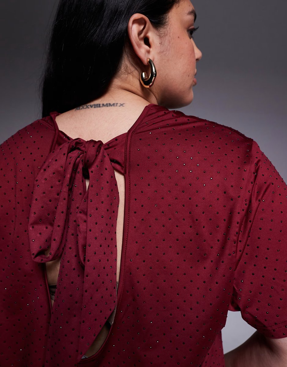 ASOS Renee Studio allover hotfix mini t-shirt dress in burgundy - 3