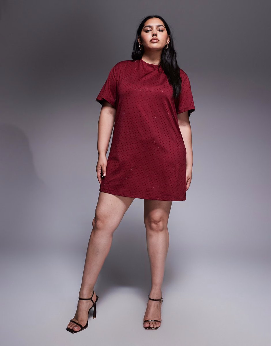 ASOS Renee Studio allover hotfix mini t-shirt dress in burgundy - 4