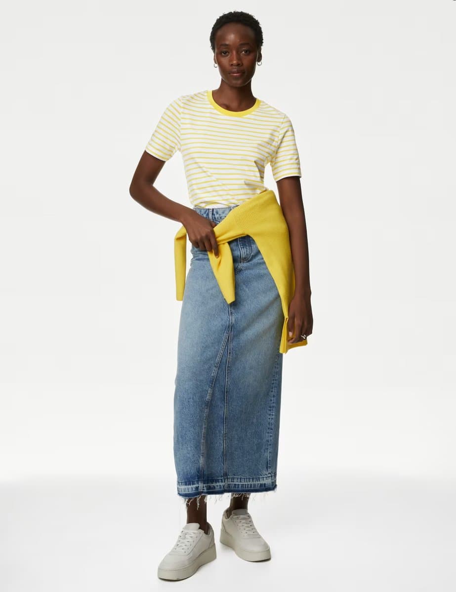 Marks & Spencer M&S Pure Cotton Striped Everyday Fit T-Shirt Yellow Mix