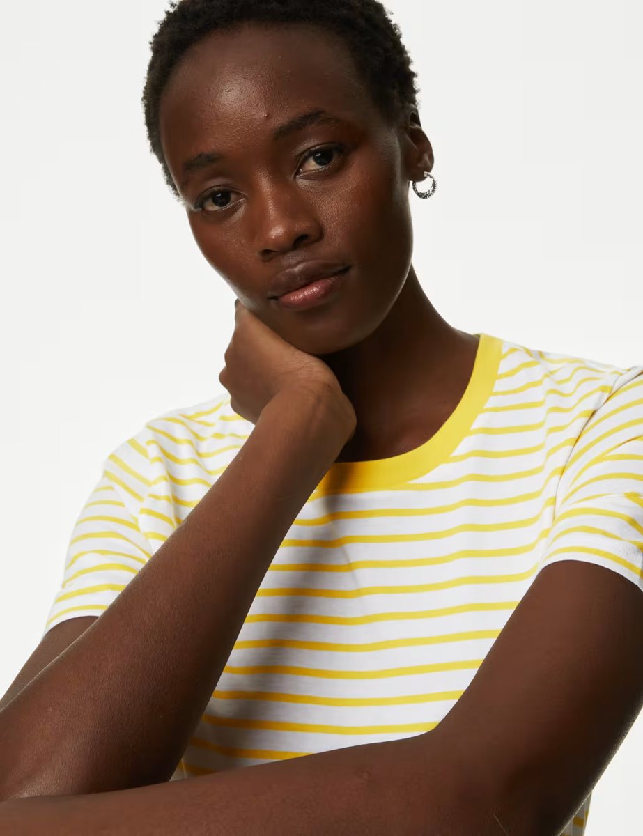 Marks & Spencer M&S Pure Cotton Striped Everyday Fit T-Shirt Yellow Mix - 2