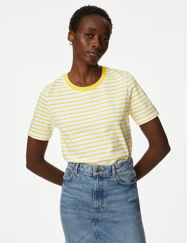 Marks & Spencer M&S Pure Cotton Striped Everyday Fit T-Shirt Yellow Mix - 3