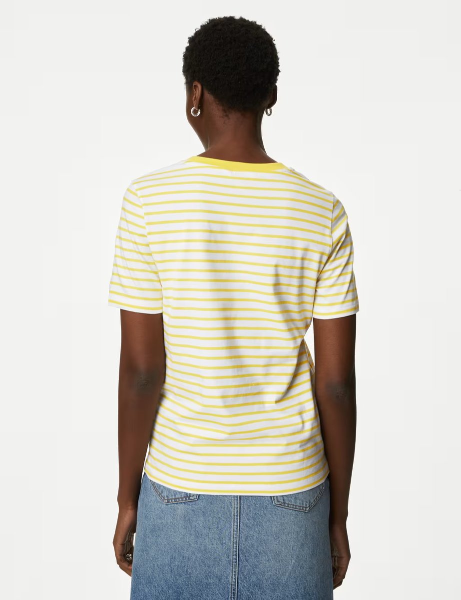 Marks & Spencer M&S Pure Cotton Striped Everyday Fit T-Shirt Yellow Mix - 4