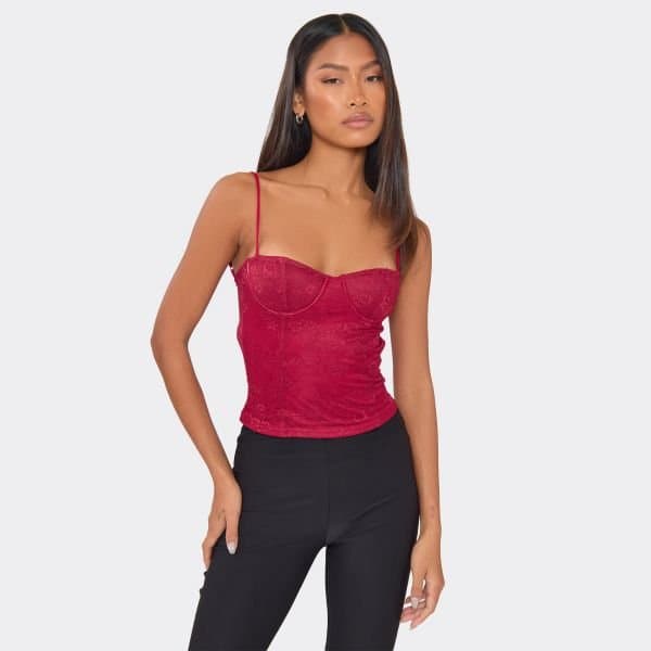 EGO Lace Cup Detail Corset Top In Burgundy, Women's Size UK 6
