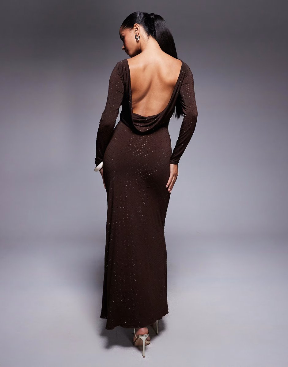 ASOS TFNC cowl back embellished maxi dress in chocolate - 3