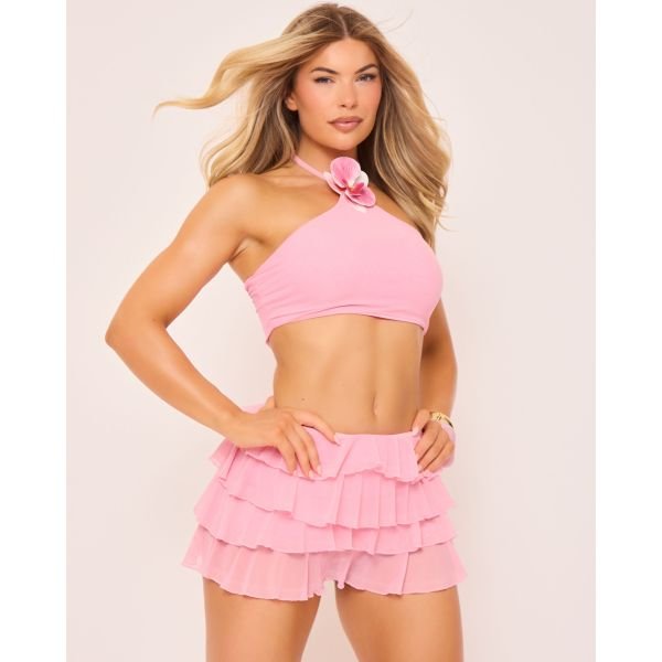 EGO Halterneck Flower Trim Detail Crop Top In Pink, Women's Size UK 10 - 2